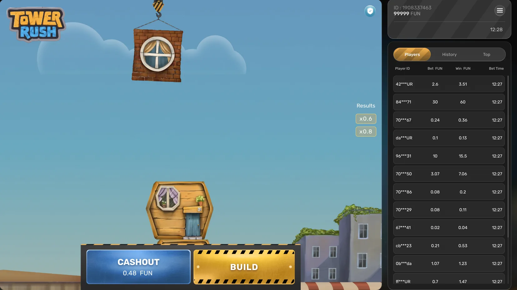 Capture d’écran du jeu Tower Rush de Galaxsys en pleine partie : la grue soulève un étage en briques, le panneau Results et le classement des joueurs en direct